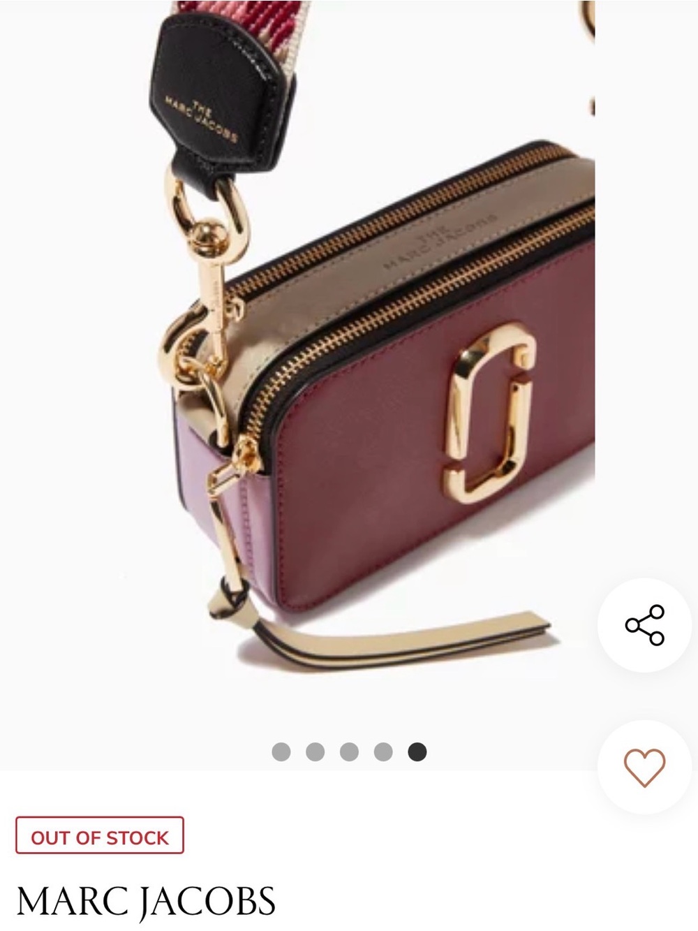Marc Jacobs Wine Red Leather “The Snapshot” Crossbody Purse with Patterned Strap